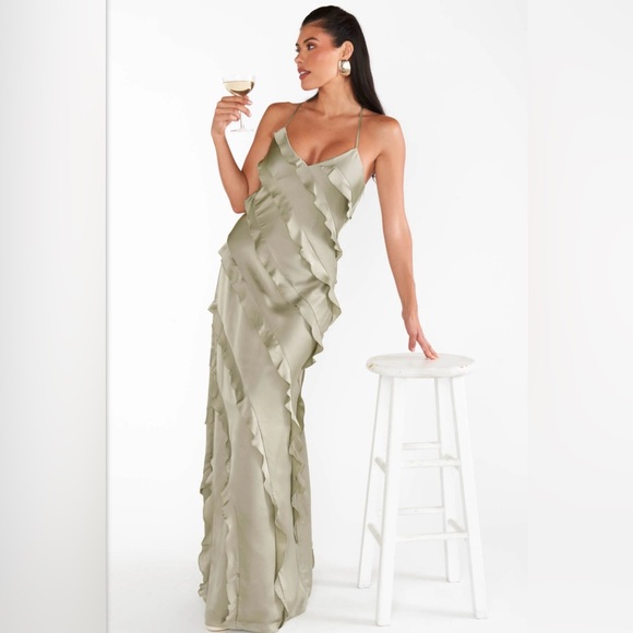 Show Me Your Mumu Romance Ruffle Dress in Moss Green Luxe Satin - Picture 1 of 10